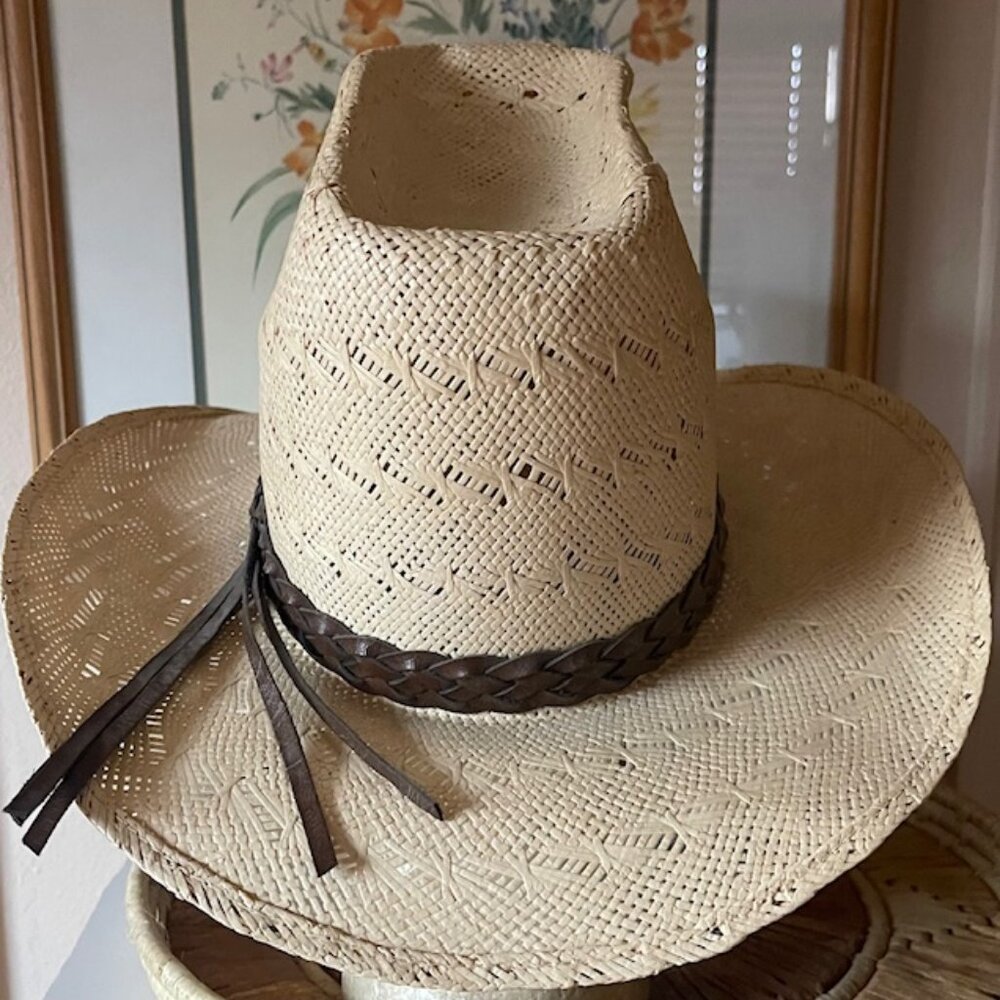 Vintage Men’s Size 7 Artel Tan Cowboy Hat with Brown Leather Band and Strips - Picture 3 of 7